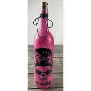 Handmade Pink Mom Life Skull Wine Bottle Fairy Nightlight Decor Distressed